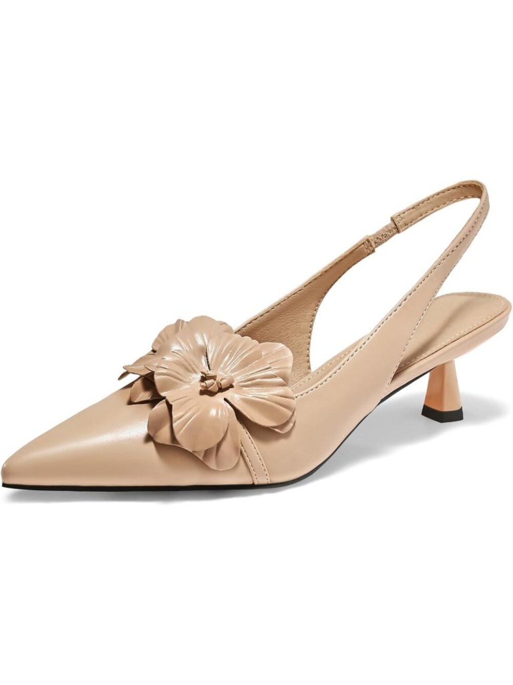 Womens Khaki Flower Closed Pointed Toe Slingback Kitten Heel Wedding Pumps Shoes